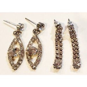 Lot Of 2 Sparkly Crystal Rhinestone Statement Earrings Dangle Bling 1.25"